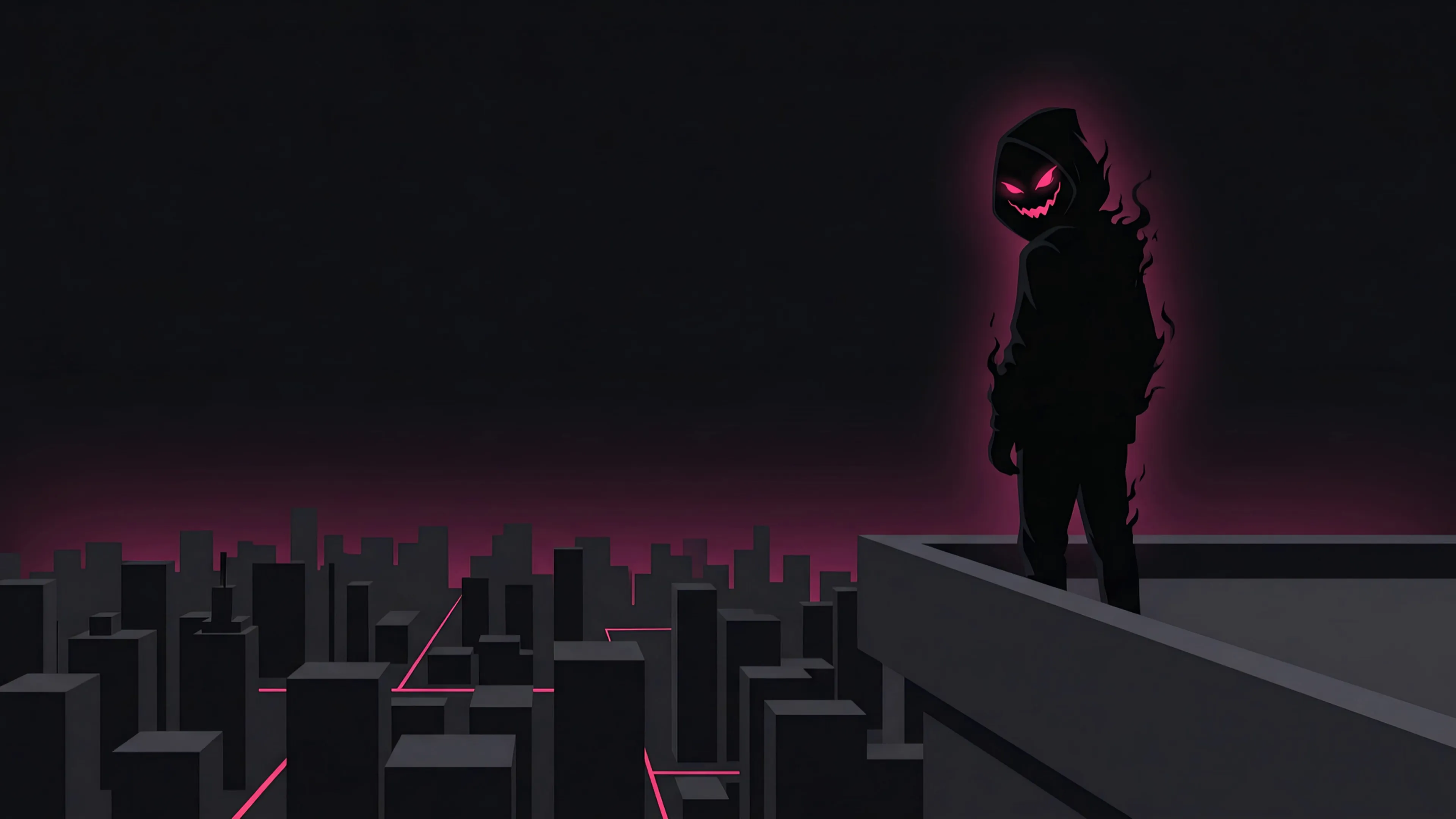 The hooded shadow on a rooftop over a dark city crossed by pink lines, looking back over its shoulder
