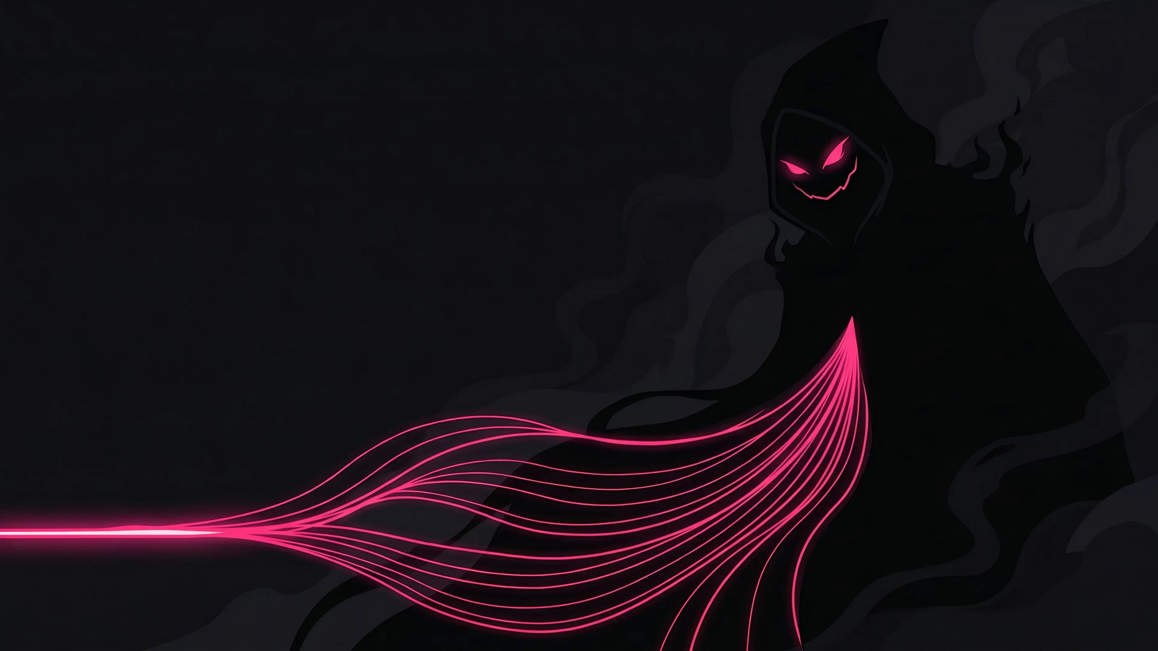 A hooded shadow with glowing pink eyes, pink lines of light splitting out of its cloak and merging into one
